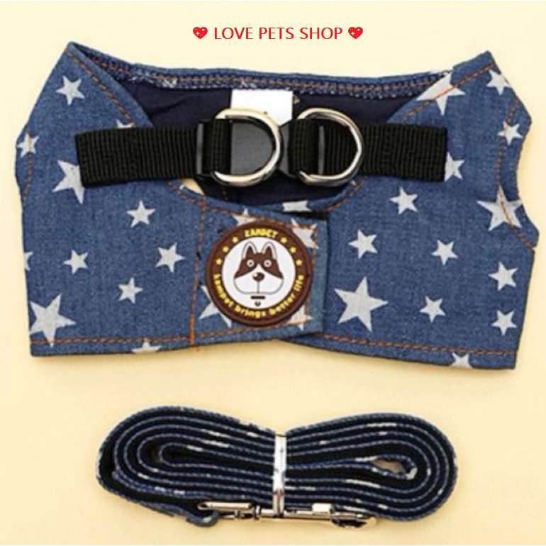 BỘ DÂY DẮT CHÓ KÈM YẾM BẰNG VẢI JEAN (KHÔNG CHỌN SIZE THEO SỐ KG Ạ)-  LOVE PETS SHOP
