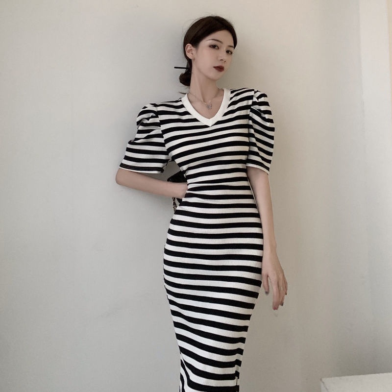 Đầm tay phồng họa tiết kẻ sọc phong cách retro Pháp thời trang mùa hè thanh lịch cho nữ