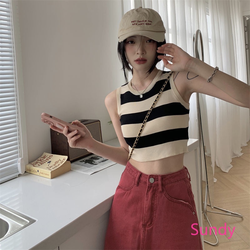 Áo Croptop Dệt Kim Sát Nách Kẻ Sọc Thời Trang Mùa Hè Cho Nữ