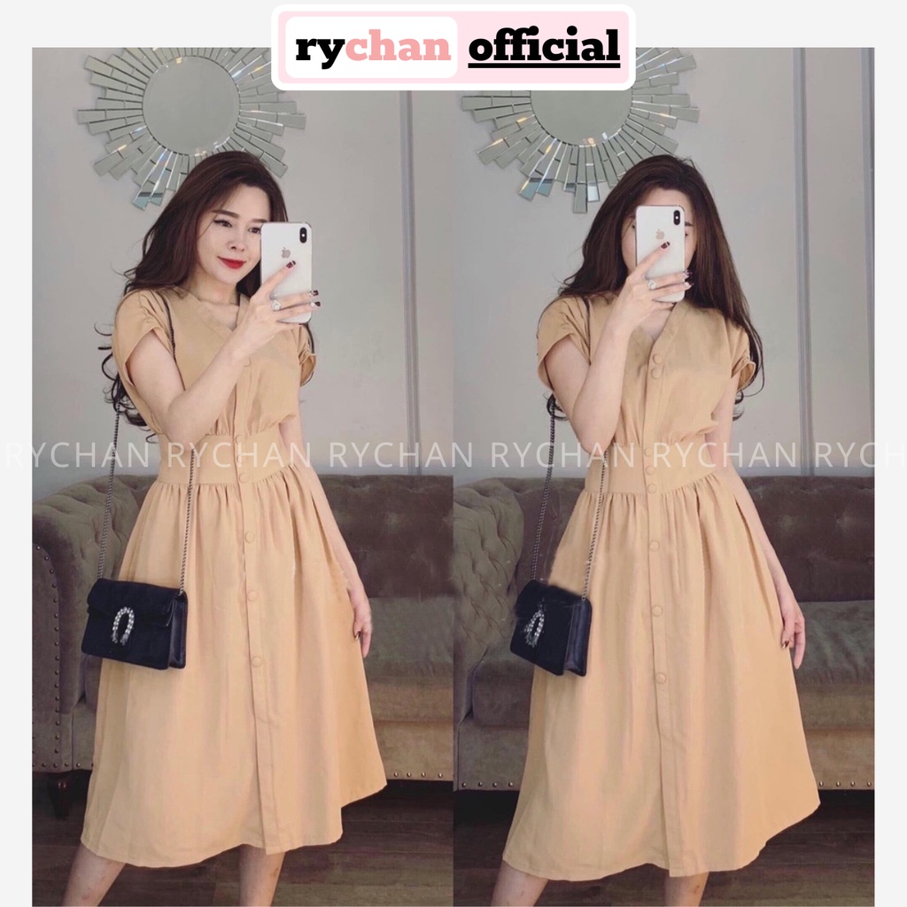 DX200 - Đầm Xòe Nút Bọc Cổ V Tay Con Chít Eo 3 Màu Vàng Nude Đỏ