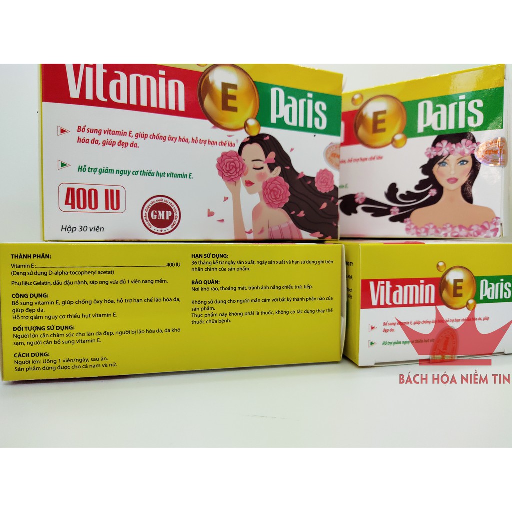 Viên uống Vitamin E 400IU Paris - Bổ sung Vitamin E chống lão hóa- giúp làm đẹp da - Hộp 30 viên Chuẩn GMP
