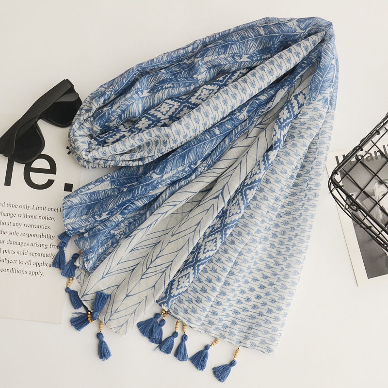 Khăn Choàng Cotton Lanh Phối Tua Rua Hạt Gỗ Cỡ Lớn Phong Cách Bohemian Thời Trang Mùa Xuân Cho Nữ 7.30