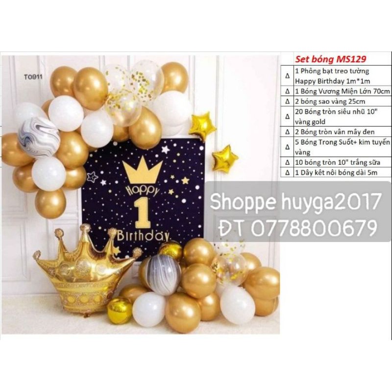 (KÈM BACKDROP+ KÈM BƠM KEO ) SET BÓNG SINH NHẬT TÔNG VÀNG ĐEN MS129
