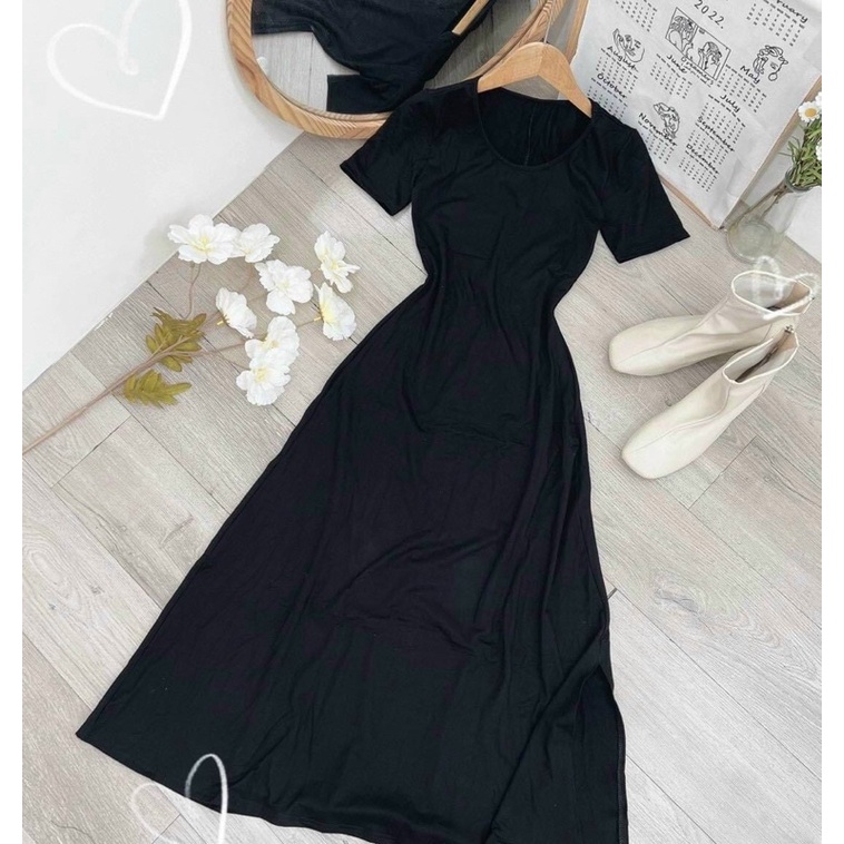 ĐẦM MIDI THUN ĐEN CỔ TRÒN XẺ TÀ