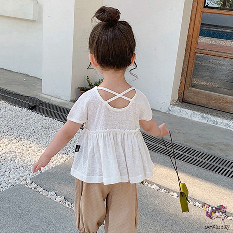 Áo thun tay ngắn phối dây chéo sau lưng phong cách Hàn Quốc thời trang xinh xắn cho bé gái