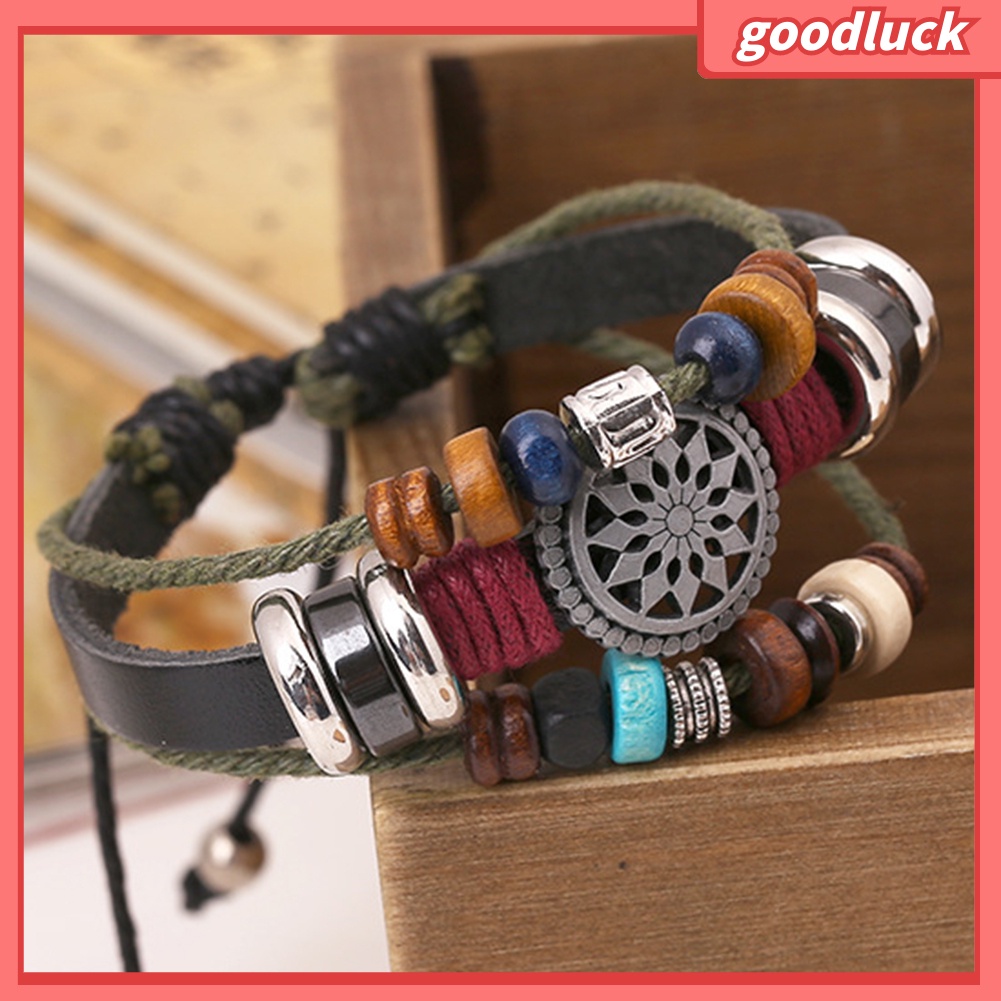 Vòng tay da bò nhân tạo đính hạt chuỗi gỗ có dây rút điều chỉnh kích cỡ cho nữ