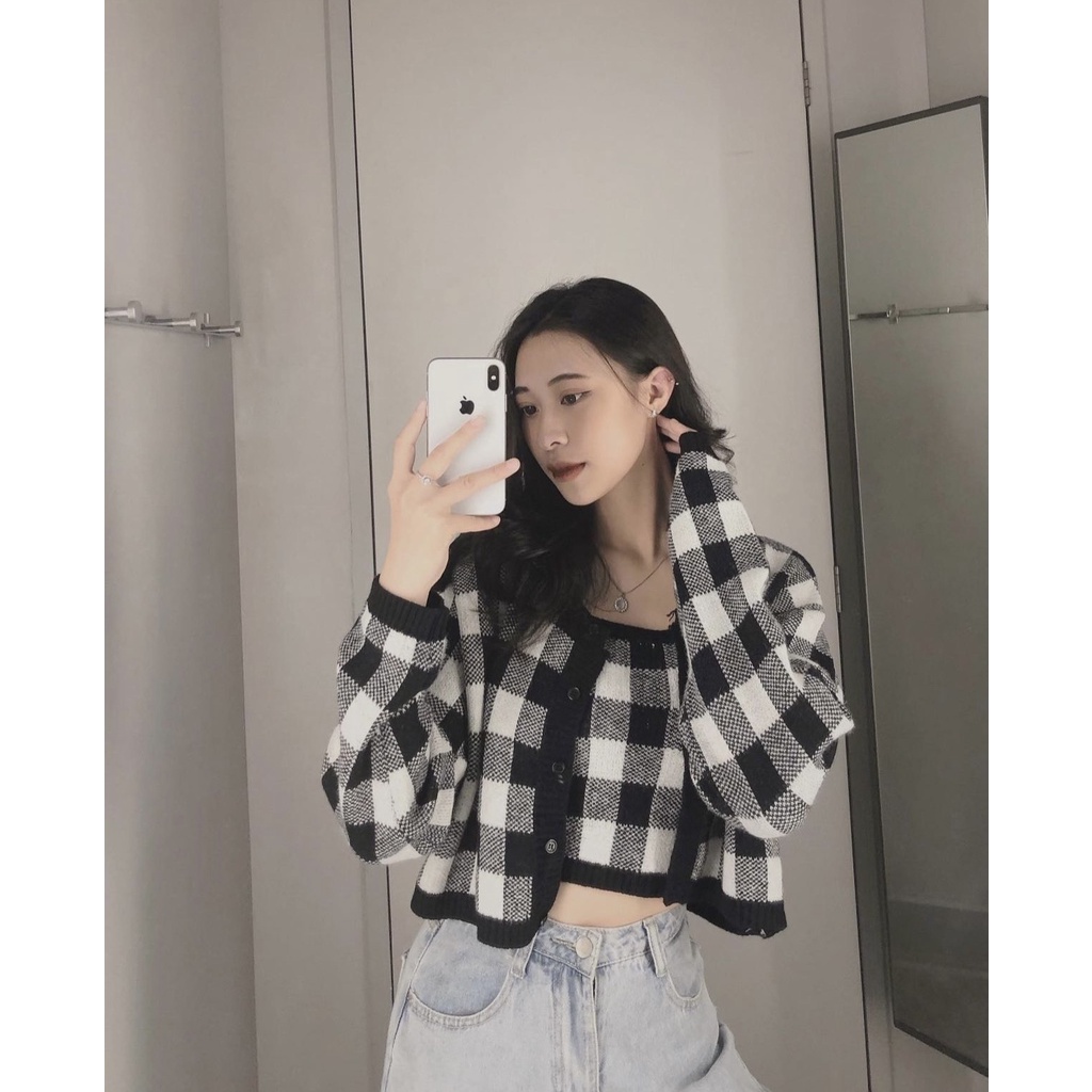 Sét áo cardigan khoác ngoài và áo dây họa tiết ô vuông B05, áo khoác cardigan lennhiều màu, dáng croptop cực dễ phối đồ.