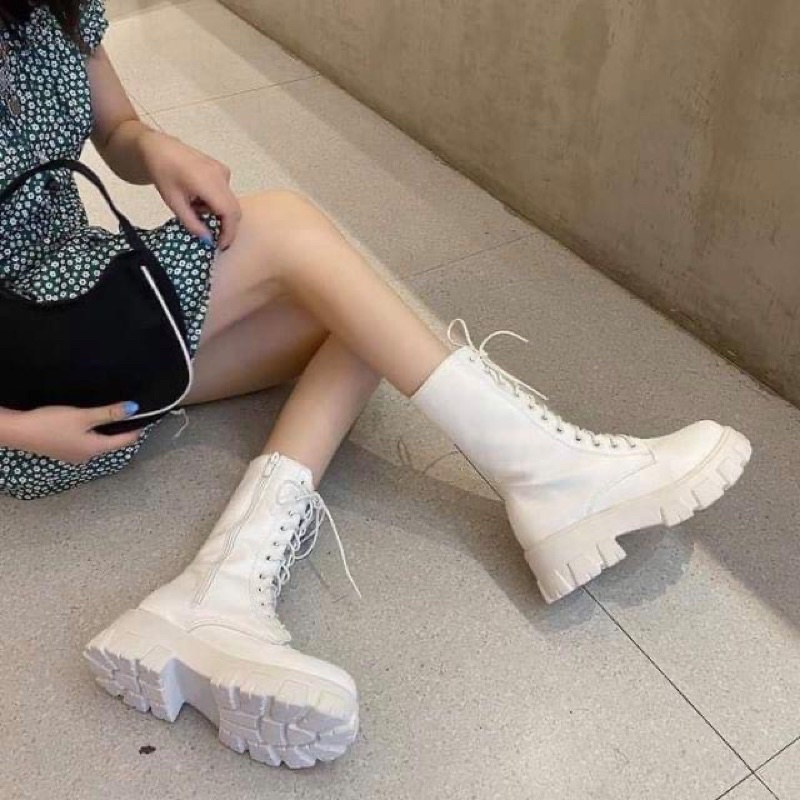 Giày bốt nữ cổ cao buộc dây cổ lửng có khoá kéo ulzzang