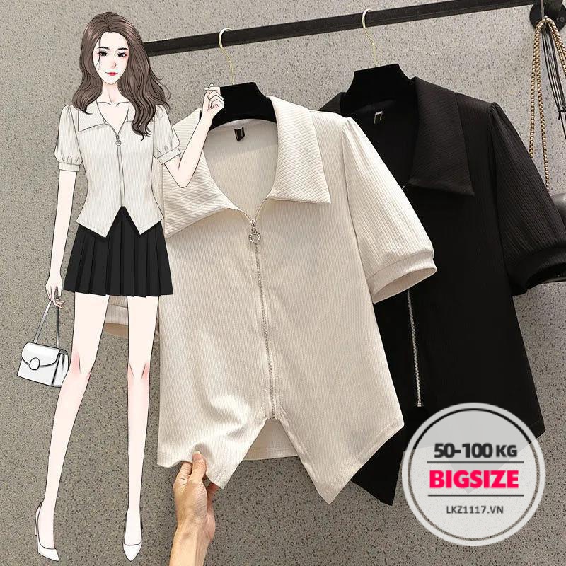 Áo thun polo Bigsize Áo kiểu nữ form rộng tay ngắn cổ bẻ thiết kế khoá kéo mùa hè Phong cách Hàn Quốc Thời Trang tiểu thư cá tính xinh đẹp cho người mập béo