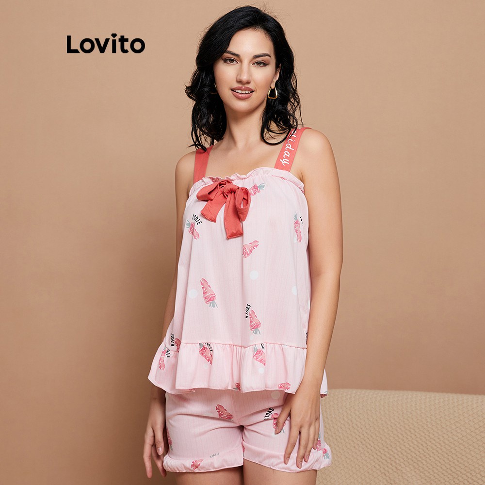 Bộ đồ ngủ pyjamas Lovito in họa tiết củ cà rốt đáng yêu thắt nơ thiết kế nhún bèo L14X031 (màu hồng)