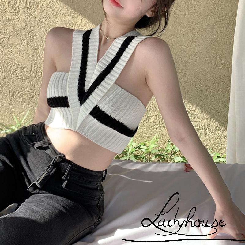 Áo Croptop Dệt Kim Không Tay Cổ Chữ V Màu Sắc Tương Phản Thời Trang Mùa Hè Dành Cho Nữ