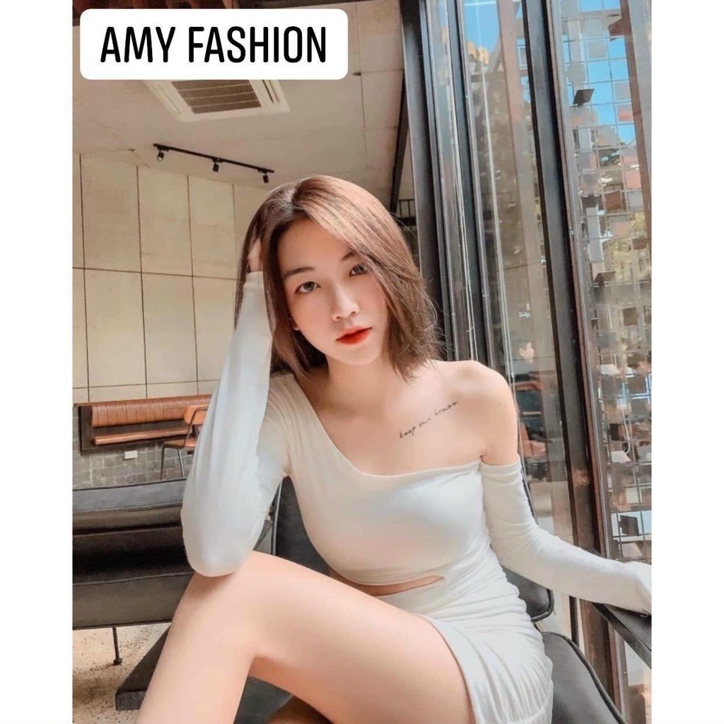 Đầm body kiểu lệch vai tay đứt khoét eo cực xinh , chất thun bozip mềm mịn