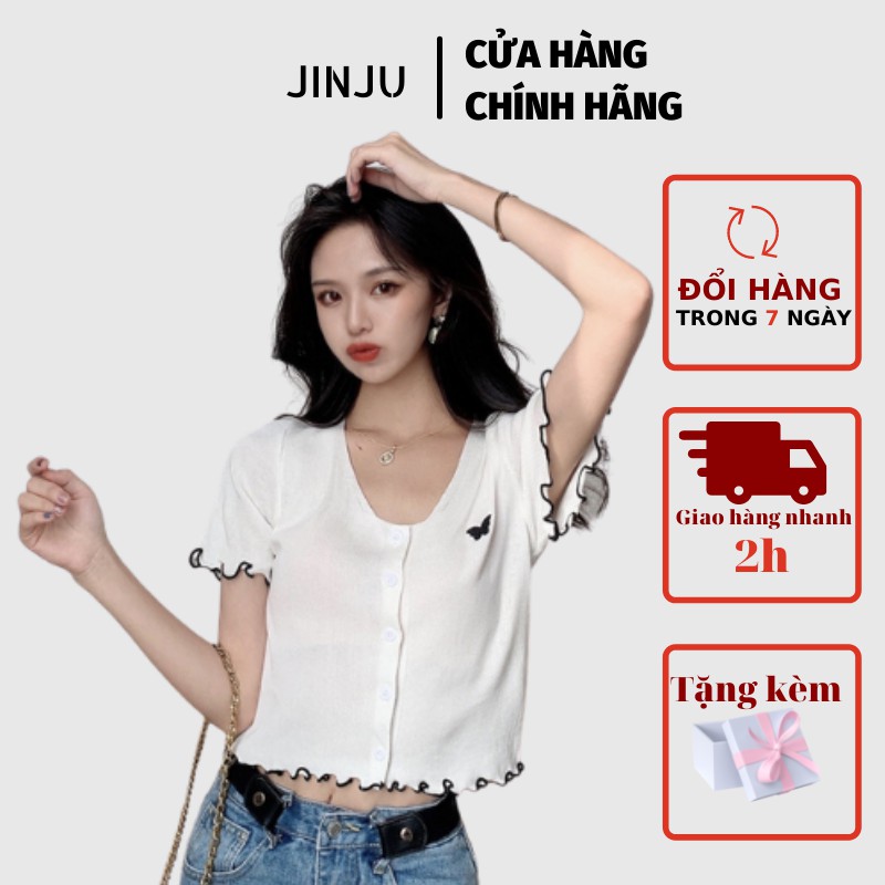 Áo croptop kiểu, áo sơ mi kiểu  tay ngắn dáng ôm co giãn free size cho nữ, chất len tăm cao cấp- JinJu
