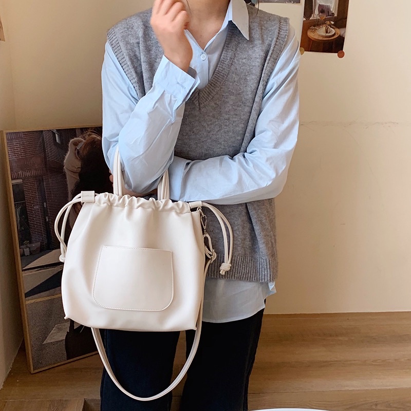 (Sẵn Đen,Trắng) Túi đeo chéo dây rút thời trang chất da đẹp phong cách Ulzzang Quốc - Tunime Store Túi2081