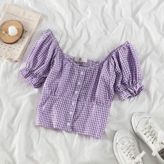 Croptop trễ vai kẻ