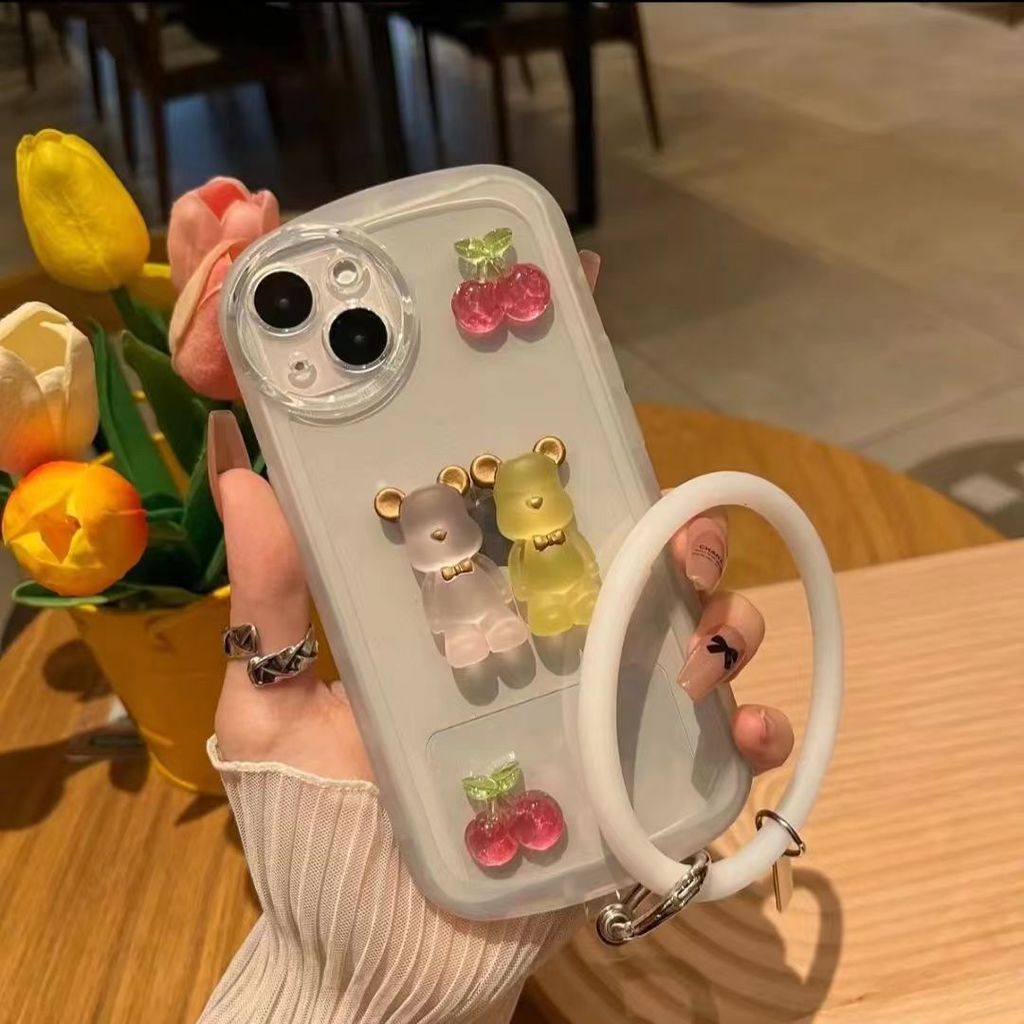 Ốp Điện Thoại Ba Chiều Họa Tiết Gấu Cherry Kèm Dây Đeo Cho iphone 12 13 11 Pro Max X Xs Max Xr Htc6