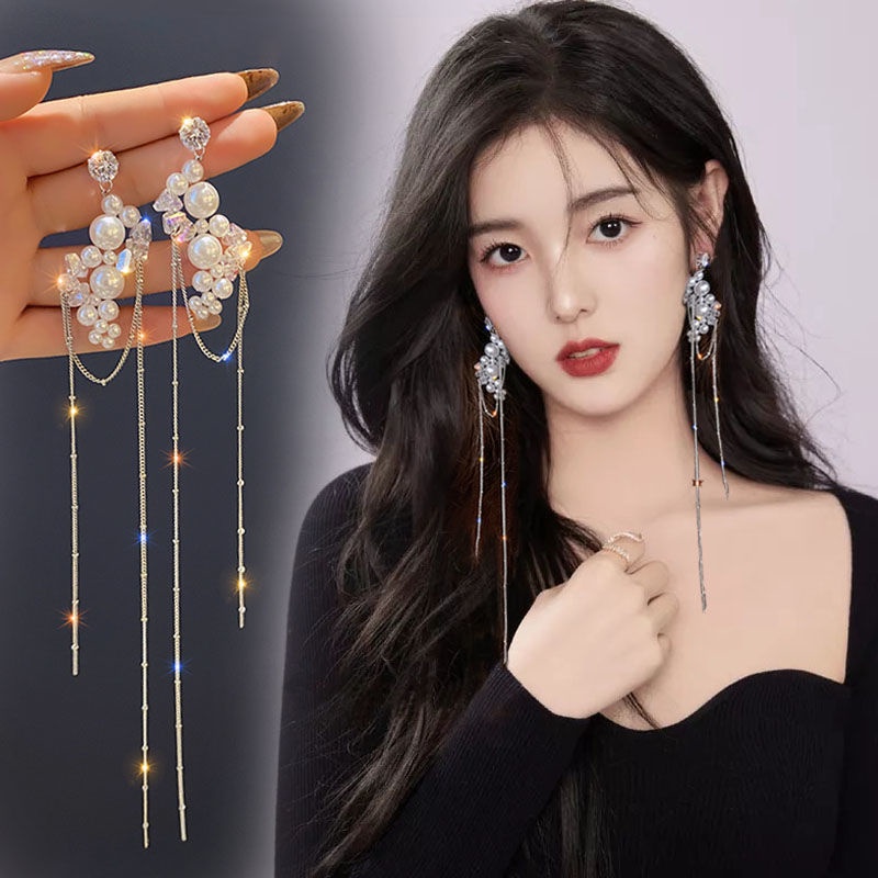 Bông Tai Dáng Dài Phối Tua Rua Đính Ngọc Trai Thời Trang Cổ Điển Phong Cách Hàn Quốc Cho Nữ 2022