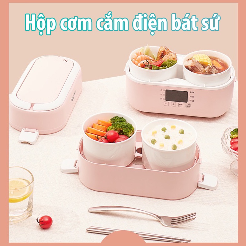 Hộp cơm cắm điện bát sứ văn phòng dung tích 2L 2 tầng 3 tầng bát đựng bằng sứ giữ nhiệt lâu hâm nóng nấu thức ăn VT124