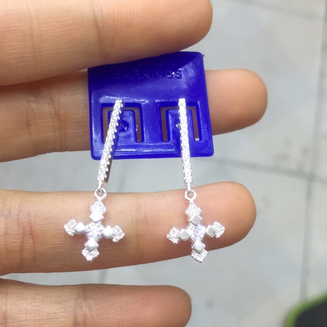 Khuyên tai thanh đá phối chữ thập (dấu cộng) bạc ta cao cấp