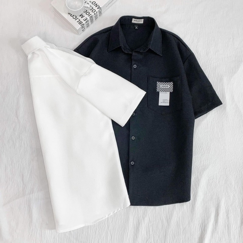 Áo sơmi tay lỡ unisex SWEEDER màu ĐEN/TRẮNG  Nam nữ unisex  Áo Sơ Mi SWD form rộng style Ulzzang