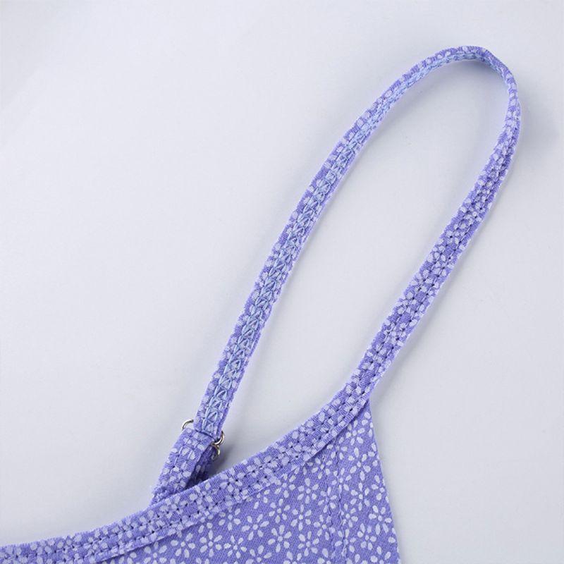 Đầm Hai Dây Dáng Chữ A Lưng Cao Cổ Chữ V Hở Lưng Họa Tiết Hoa Tím Phong Cách Quyến Rũ