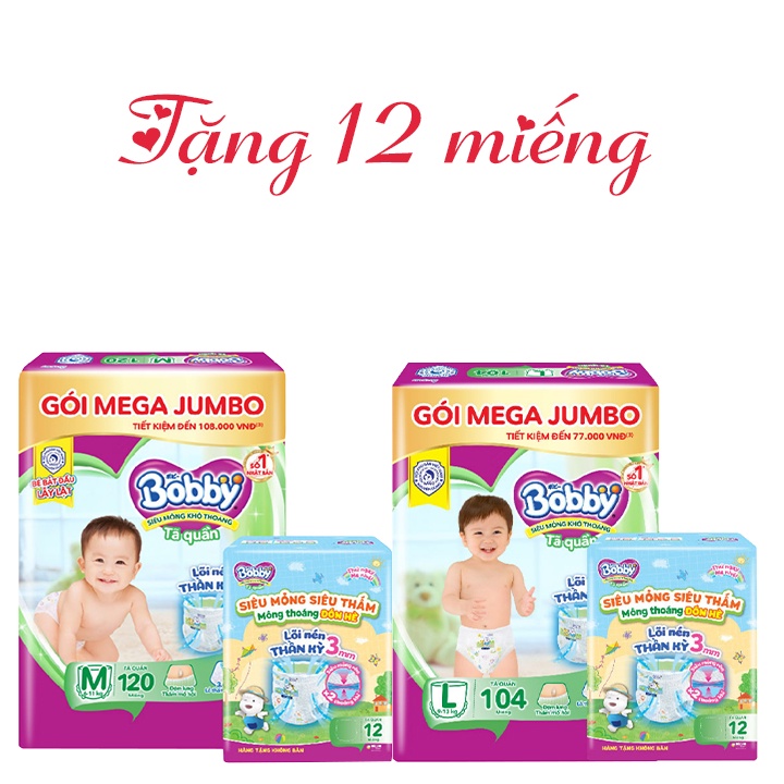 Tã quần bobby mega jumbo M120/L104/XL92/XXL84/M120+12/L104+12/XL92+12/L96