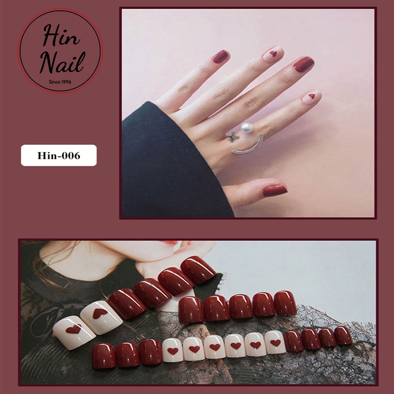 24 móng tay giả hình trái tim Hin Nail móng giả form vuông kèm keo