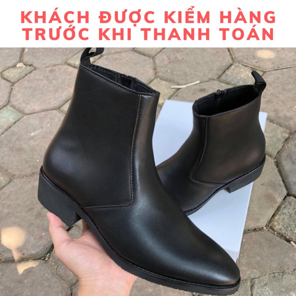 Zip Boots thời trang nam da bò màu đen đế tăng 4.5cm chiều cao
