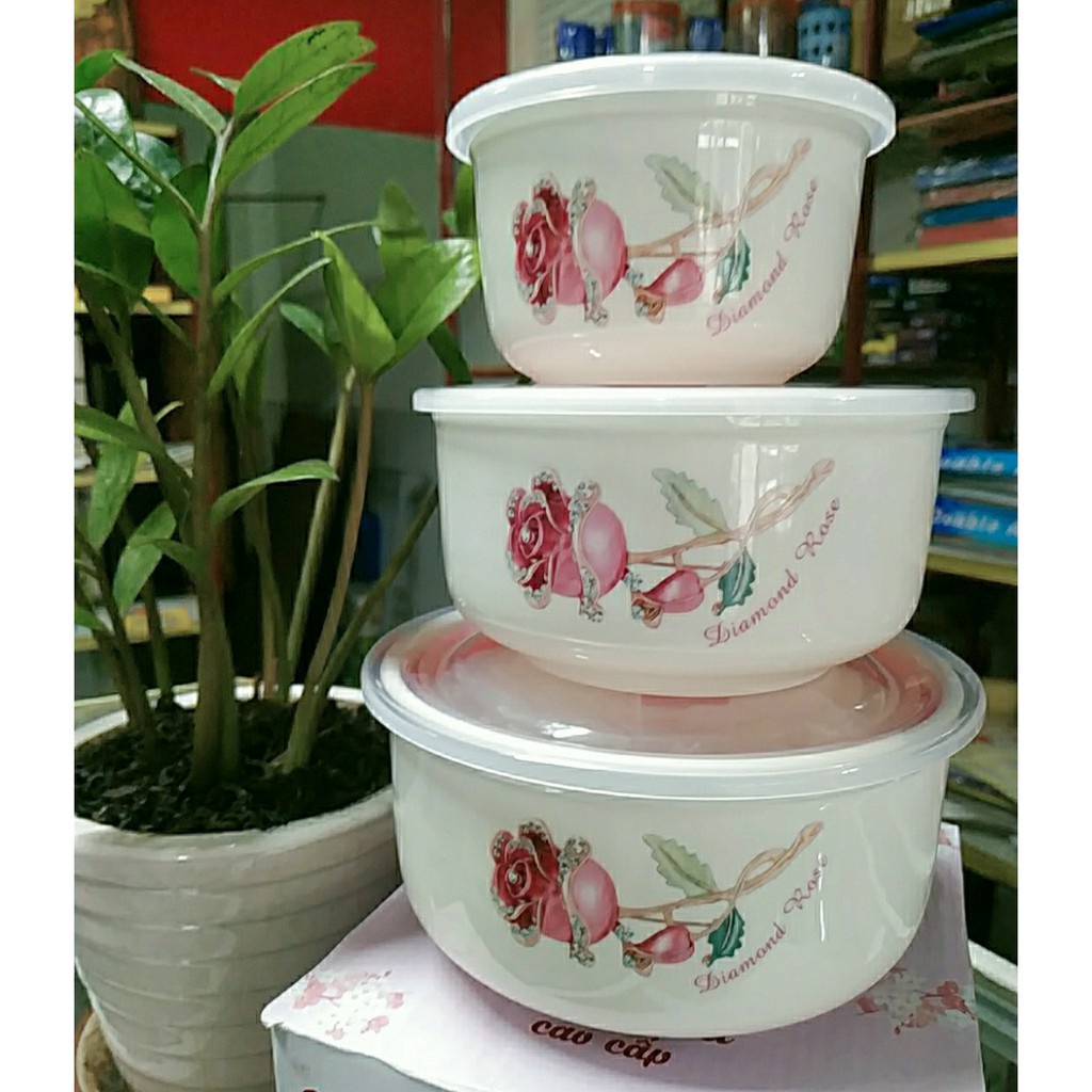 Bộ 3 tô sứ lạnh cao cấp - Set 3 bát sứ lạnh thố đựng cơm mang đi có nắp chân không