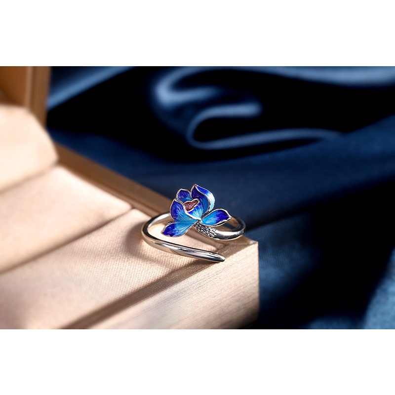 Nhẫn Hở Hình Hoa Sen Xanh Dương Bằng Bạc Trơn Cổ Điển Đơn Giản Phong Cách Mới Cho Nữ