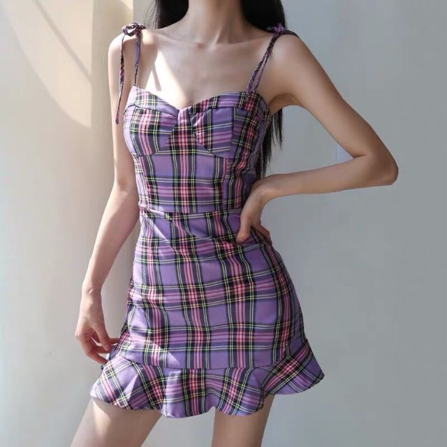Đầm caro chân bèo 2S  DCR1935