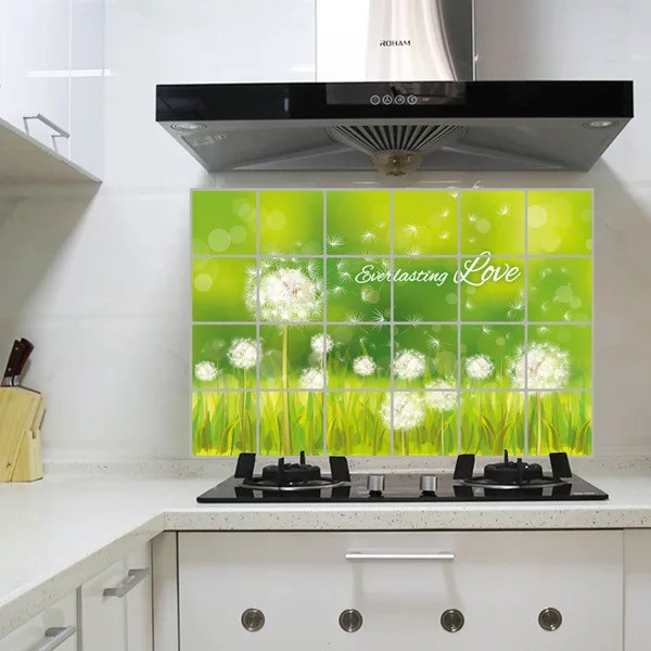 Decal dán bếp tráng nhôm cách nhiệt size lớn - cỏ xanh với Bồ Công Anh trắng