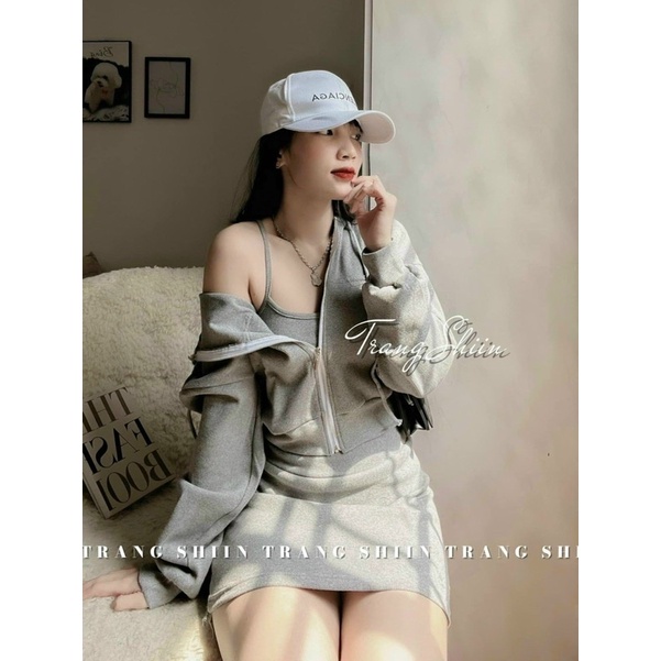 Set Đầm Body Xám 2 Dây Kèm Áo Khoác Croptop Ulzzang