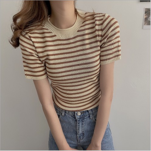 Áo Len Dệt Kim Ngắn Tay Cổ Tròn Kẻ Sọc Xinh Xắn Cho Nữ