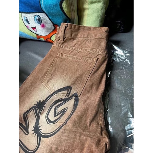 Quần jean in họa tiết đường phố quần ống rộng cạp cao