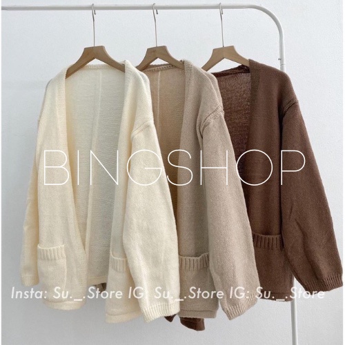 Áo khoác cardigan len nữ túi eo không cúc vải dệt kim cao cấp Bingshop