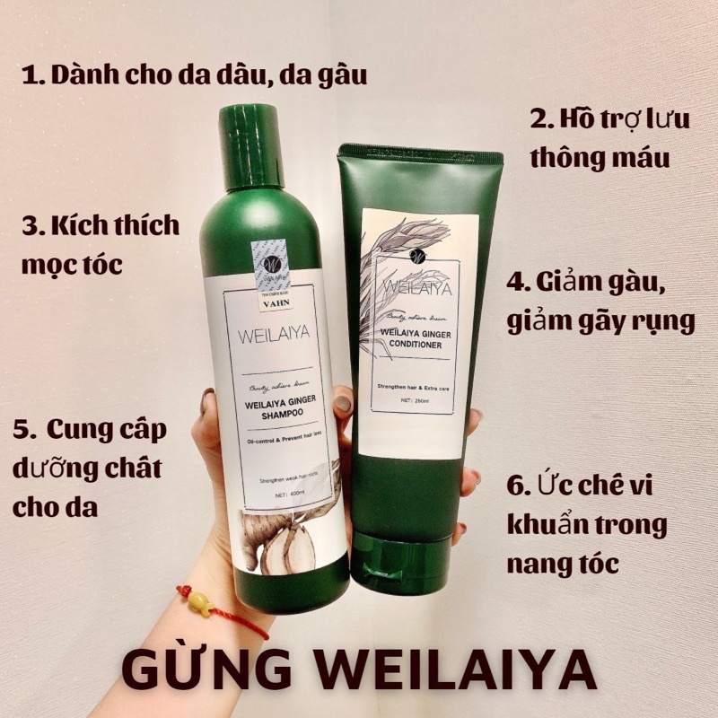 Cặp Dầu Gội Xả Gừng và Gừng Hà Thủ Ô chính hãng Weilaiya giảm rụng & kích mọc tóc 400ml gội + 250ml xả + quà tặng
