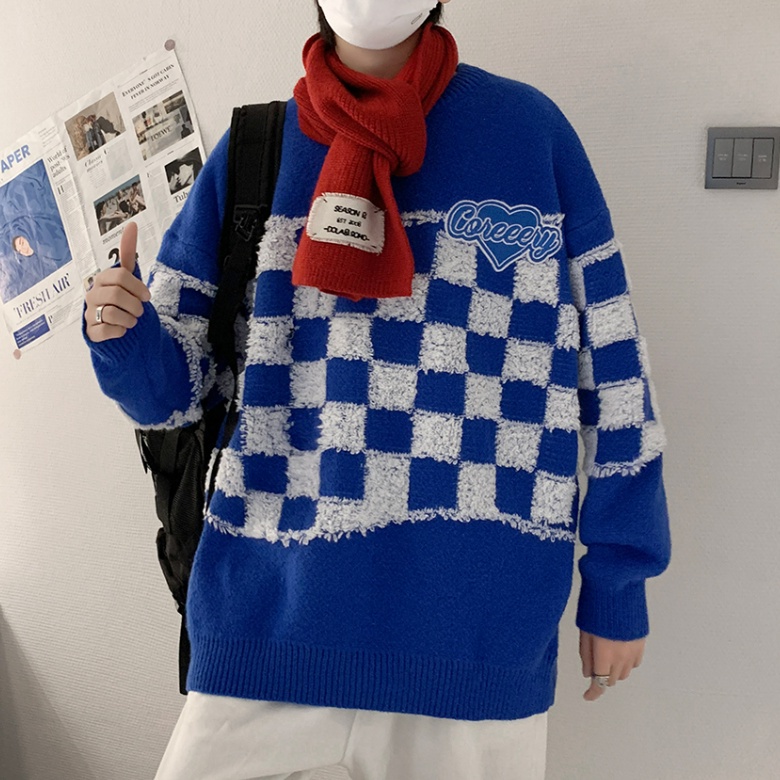 Áo sweater dệt kim chui đầu màu xanh dương/đen pha trắng phong cách hip hop Hàn Quốc thời trang mùa thu cho nam 