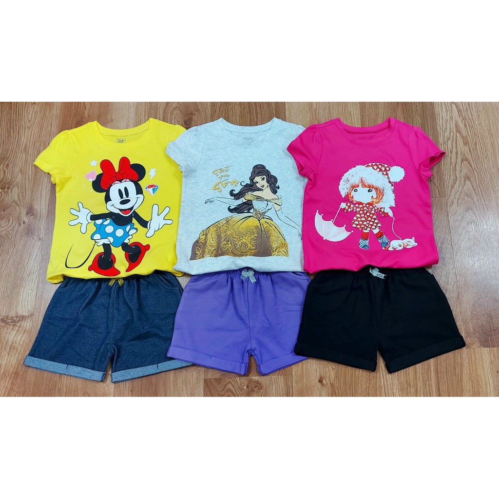 Đồ bộ ngắn tay cotton cho bé gái 4-14T  họa tiết Công chúa, Elsa, Tiên cá, Minie