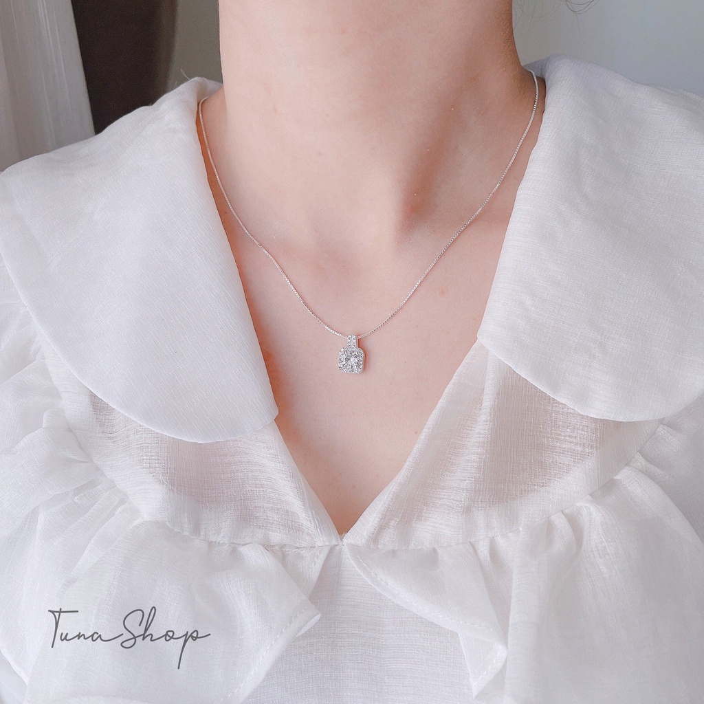 Dây chuyền Bạc gắn đá pha lê mặt vuông full đá cỡ lớn, Vòng cổ Bạc cao cấp 𝐂𝐚𝐦 𝐤𝐞̂́𝐭 𝐜𝐡𝐮𝐚̂̉𝐧 𝐁𝐚̣𝐜 TUNA SILVER