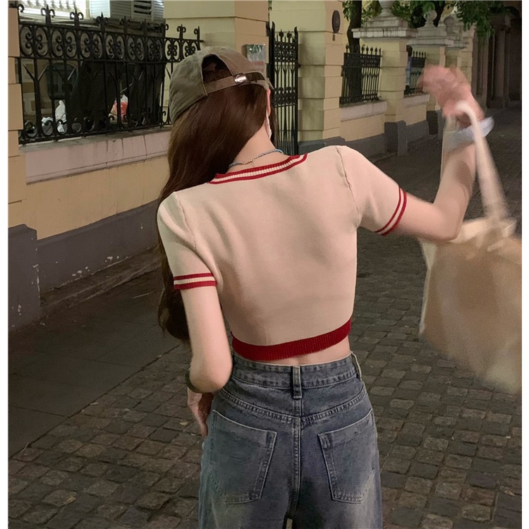 Áo thun dệt kim ZHELIHANGFEI ngắn tay lưng cao thêu họa tiết màu sắc tương phản