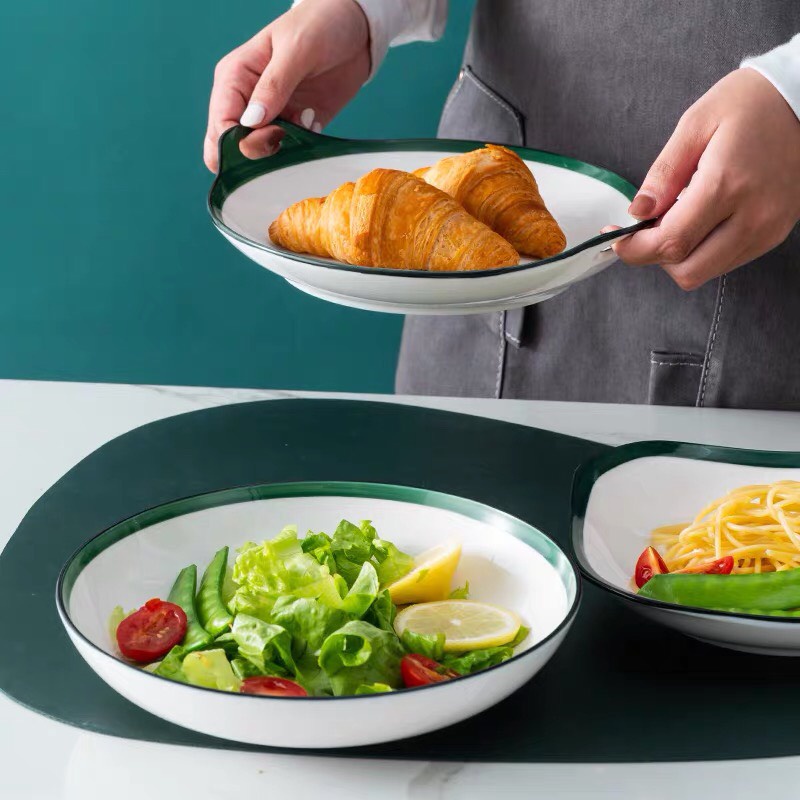 Bộ bát đĩa quả bơ , bộ chén dĩa sứ viền xanh Alifis