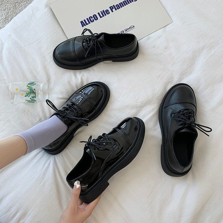 ◎✎❉Giày da nhỏ nữ sinh phiên bản Hàn Quốc phong cách retro hoang dã kiểu Anh 2020 mới xuân thu giày bệt đen có dây buộc