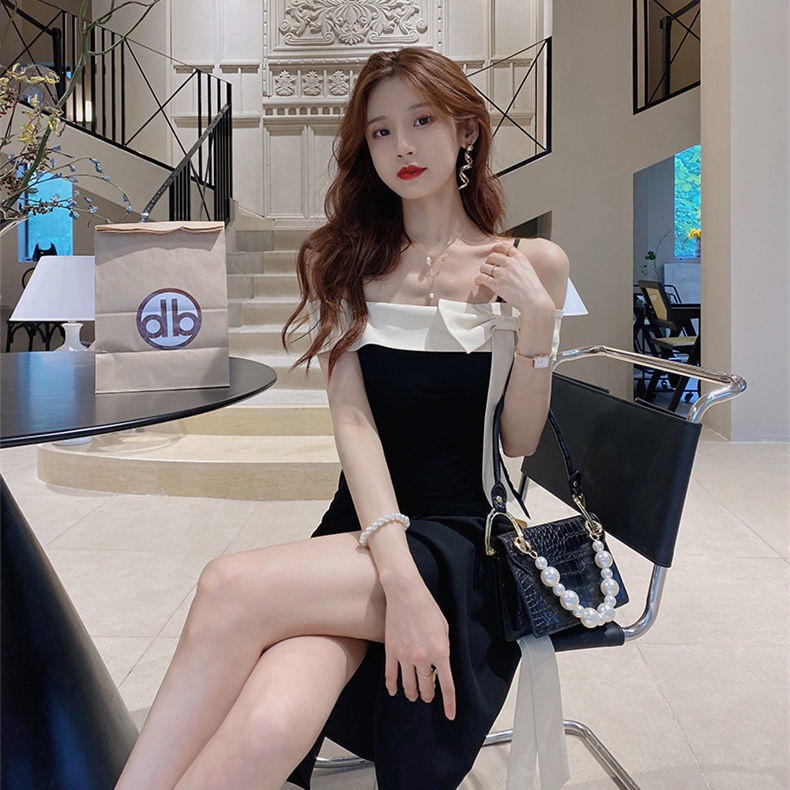 Đầm Midi Hai Dây Cổ Chữ V Eo Cao Màu Đen Phong Cách Pháp Thời Trang Mùa Hè Dành Cho Nữ