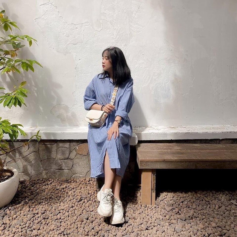 BLUE STRIPPED SHIRT DRESS - ĐẦM SƠ MI SỌC XANH DÁNG DÀI