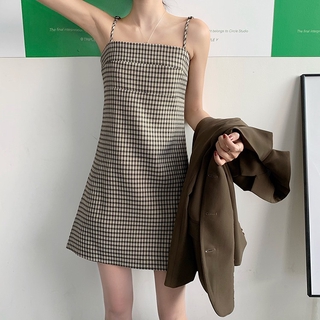 Đầm dây caro nâu Váy 2 dây