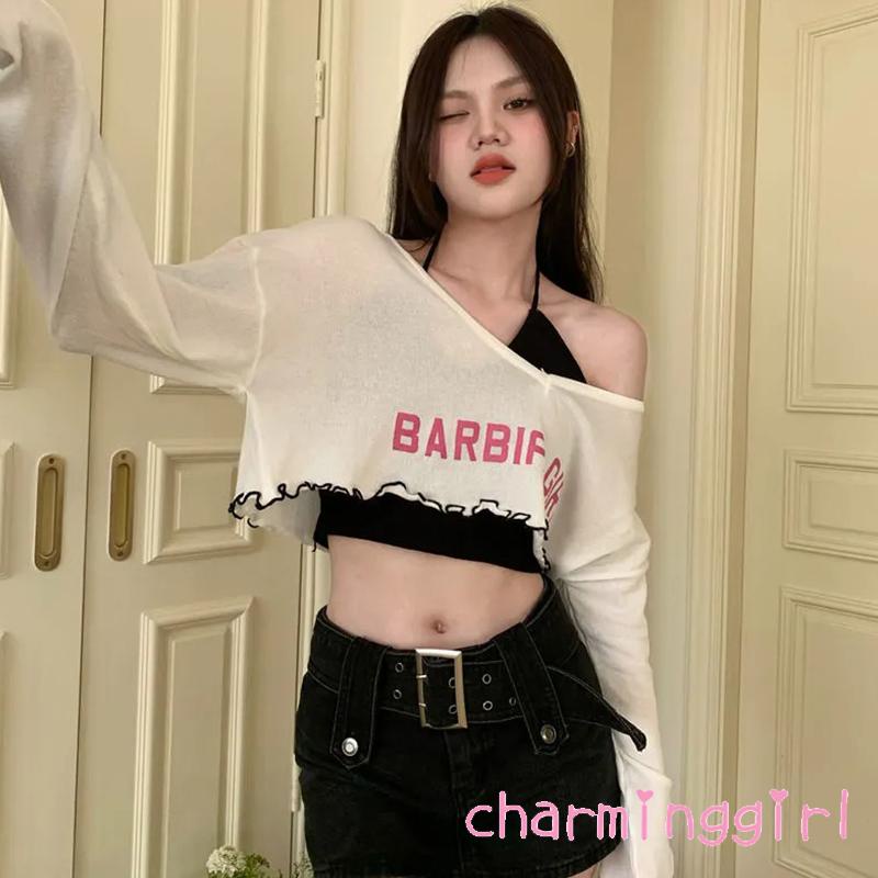 Set Đồ 2 Món Áo Croptop Tay Dài Cổ Yếm In Chữ Thời Trang Cho Nữ
