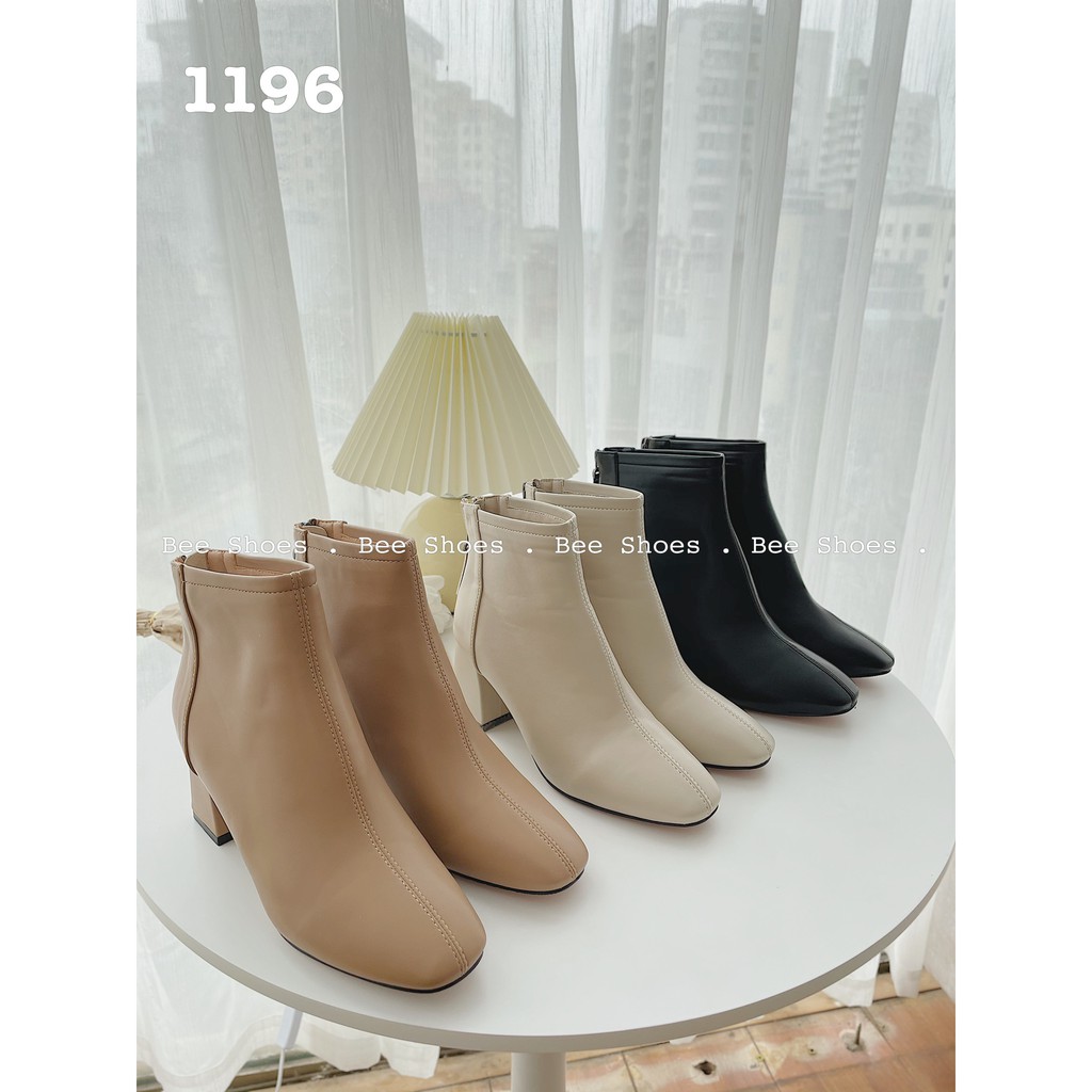 BEESHOES - BOOT NỮ MŨI TRÒN TRƠN CỔ THẤP ĐẾ VUÔNG - BỐT NỮ MŨI TRÒN ĐẾ VUÔNG CAO 7 PHÂN SẴN MÀU ĐEN - KEM - BÒ 201196