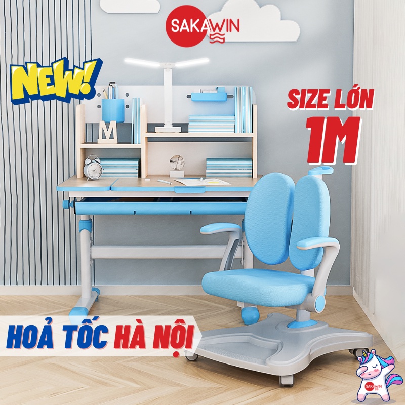 Bàn học cho bé S100 thông minh, Bàn học sinh có giá sách Nâng hạ bằng tay quay, Size To 1m, Giá nhập