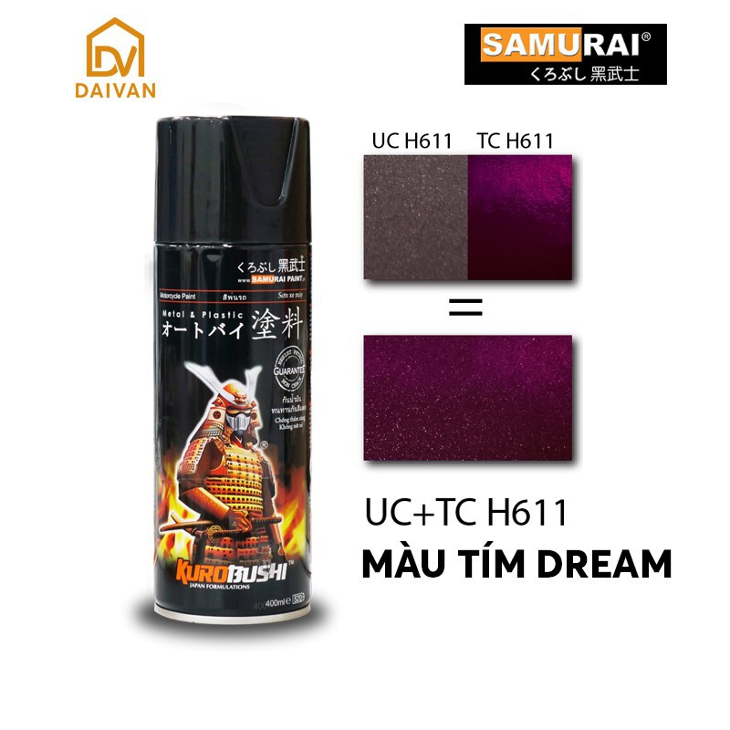 [COMBO] Sơn xịt Samurai màu Tím Nho Dream Lót xám UCH210 + UCH611 + TCH611 với bóng k1k